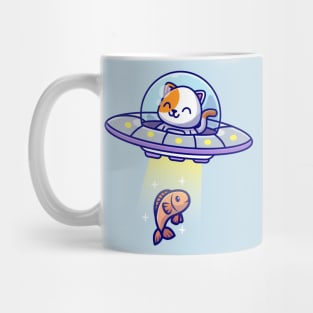 Cute Cat Catching Fish With Ufo Cartoon Mug